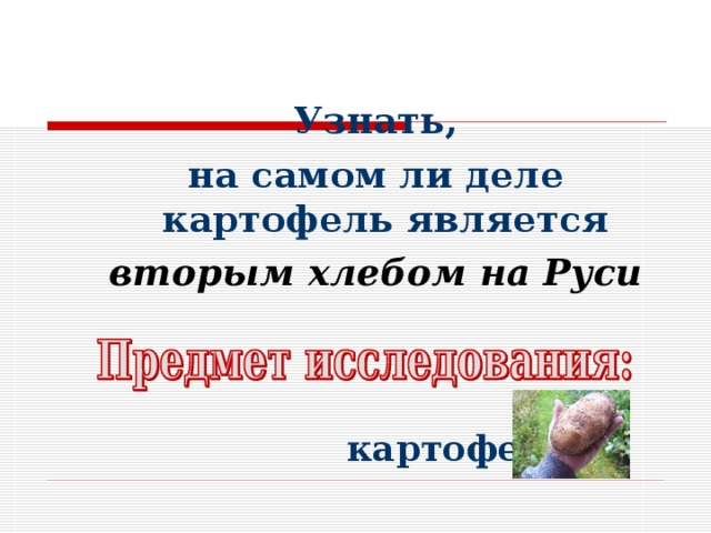Узнать, на самом ли деле картофель является  вторым хлебом на Руси   картофель. 