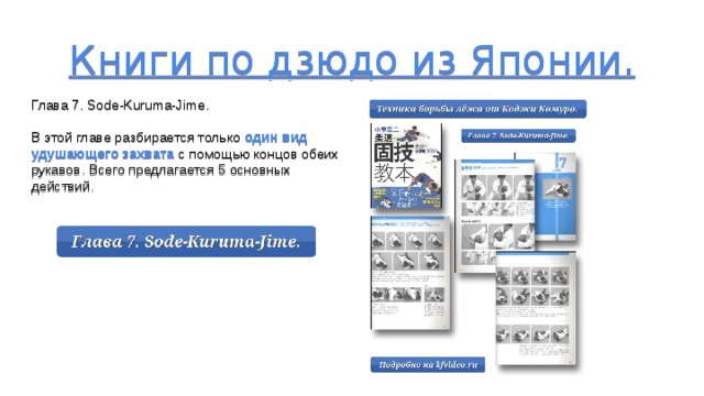 Книги по дзюдо из Японии.       Глава 7. Sode-Kuruma-Jime. В этой главе разбирается только один вид удушающего захвата с помощью концов обеих рукавов. Всего предлагается 5 основных действий. 