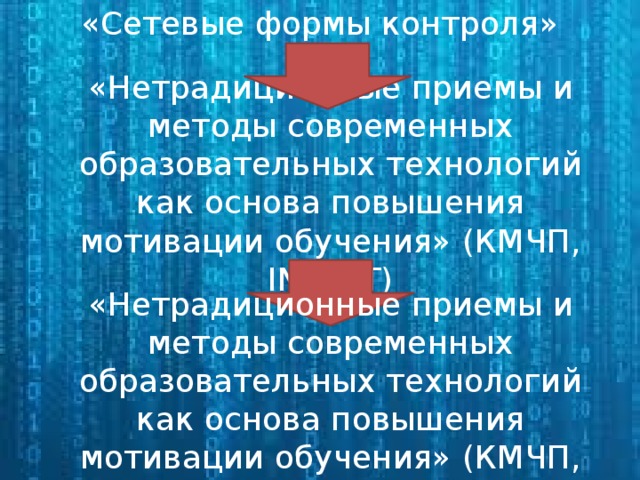 «Сетевые формы контроля» «Нетрадиционные приемы и методы современных образовательных технологий как основа повышения мотивации обучения» (КМЧП, INSERT) «Нетрадиционные приемы и методы современных образовательных технологий как основа повышения мотивации обучения» (КМЧП, КЛАСТЕР)