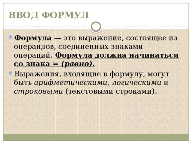 Ввод формулы начинается с знака. Выражения состоят из операндов Объединенных знаками операций. Выражение состоящее из операндов. Ввод формул кратко. Выражение формул.