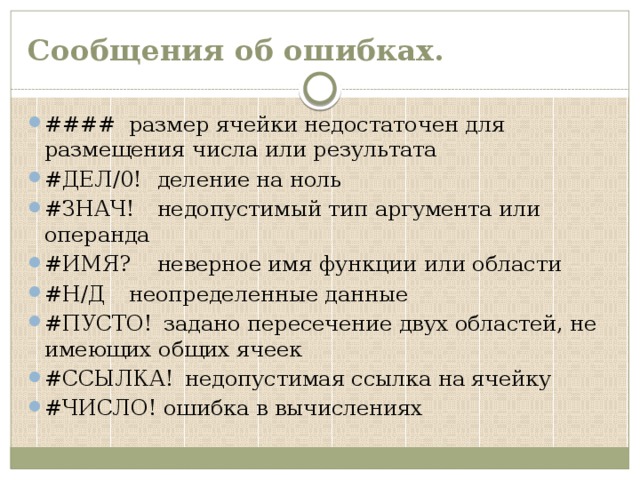 Сообщения об ошибках. ####  размер ячейки недостаточен для размещения числа или результата #ДЕЛ/0!  деление на ноль #ЗНАЧ!  недопустимый тип аргумента или операнда #ИМЯ?  неверное имя функции или области #Н/Д  неопределенные данные #ПУСТО!  задано пересечение двух областей, не имеющих общих ячеек #ССЫЛКА!  недопустимая ссылка на ячейку #ЧИСЛО!  ошибка в вычислениях 