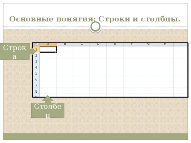 Основные понятия: Строки и столбцы. Строка Столбец 