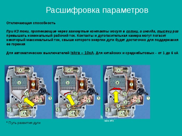 Расшифровка параметров Отключающая способность  При КЗ токи, протекающие через замкнутые контакты могут в сотни , а иногда, тысячи раз превышать номинальный рабочий ток. Контакты и дугогасительная камера могут погасит некоторый максимальный ток, свыше которого энергии дуги будет достаточно для поддержания ее горения  Для автоматических выключателей Iskra – 10кА . Для китайских и среднебытовых – от 1 до 6 кА * Путь развития дуги 