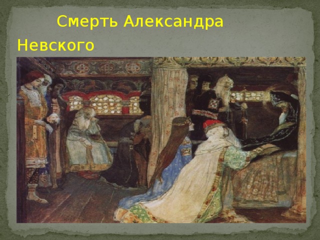  Смерть Александра Невского  Перед смертью князь принял схиму под именем Алексий 