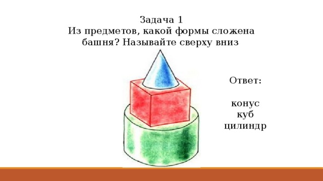 Задача 1  Из предметов, какой формы сложена башня? Называйте сверху вниз . Ответ:  конус куб цилиндр 