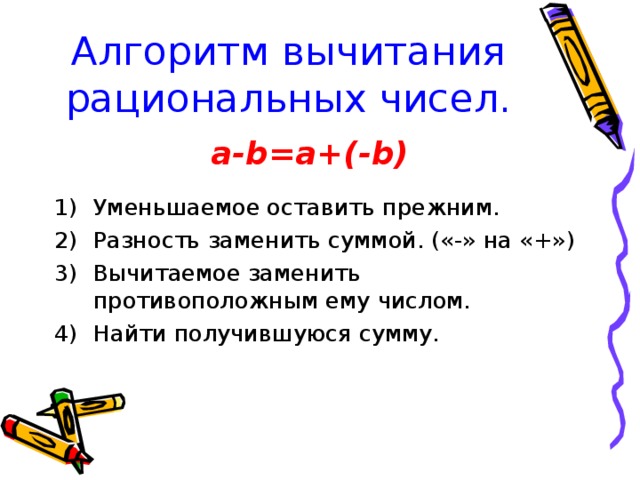 Алгоритм вычитания рациональных чисел. a-b=a+(-b)