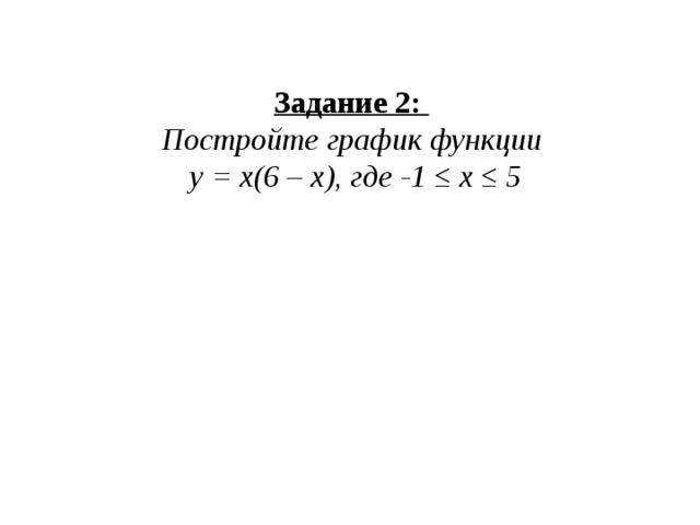 Задание 2:   Постройте график функции  у = х(6 – х), где -1 ≤ х ≤ 5   