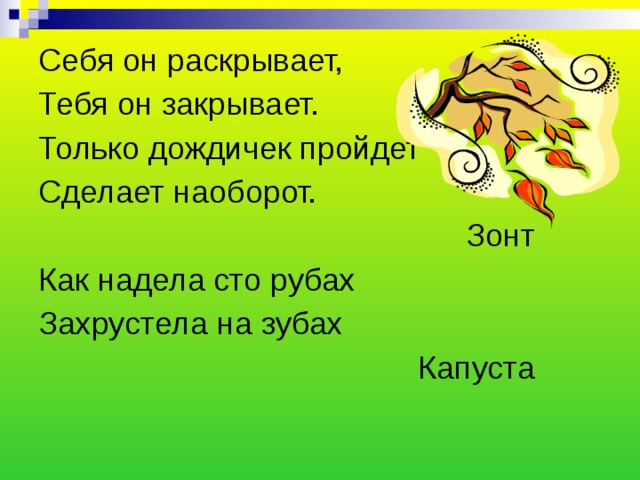 Себя он раскрывает, Тебя он закрывает. Только дождичек пройдет Сделает наоборот. Зонт Как надела сто рубах Захрустела на зубах Капуста 