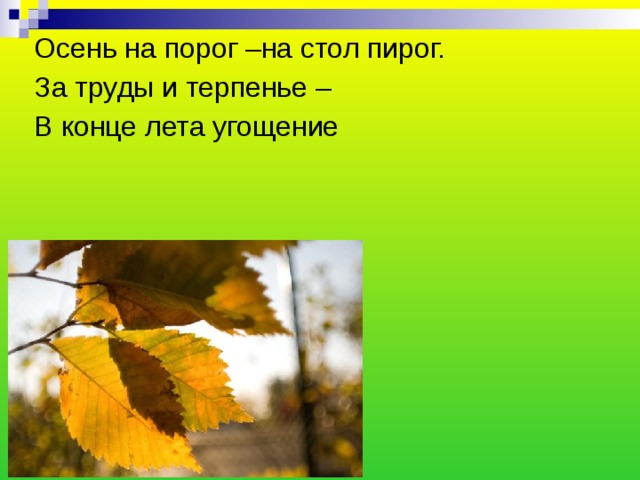 Осень на порог –на стол пирог. За труды и терпенье – В конце лета угощение 