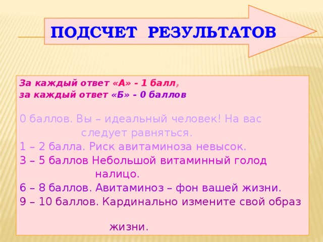 ПОДСЧЕТ РЕЗУЛЬТАТОВ За каждый ответ  «А» - 1 балл , за каждый ответ  «Б» - 0 баллов  0 баллов. Вы – идеальный человек! На вас  следует равняться. 1 – 2 балла. Риск авитаминоза невысок. 3 – 5 баллов Небольшой витаминный голод  налицо. 6 – 8 баллов. Авитаминоз – фон вашей жизни. 9 – 10 баллов. Кардинально измените свой образ  жизни. 