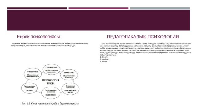 Еңбек психологиясы Педагогикалық психология  Адамның еңбек іс-әрекетінің психологиялық ерекшеліктерін, еңбек дағдыларының даму заңдылықтарын, еңбекті ғылыми негізге сүйене отырып ұйымдастырады .  Оқу, тәрбие істерінің оқушы санасына қалайша әсер ететіндігін зерттейді. Оқу материалының мазмұны мен көлемін анықтау, балалардың жас мөлшеріне лайықты оқулықтар мен бағдарламалар құрастыру кейбір оқушылардың екінші жылға қалу, мектептен шығып кету себептері, тәрбиеленуі қиын балалармен жұмыс істеудің жоспары, жыныс тәрбиесі, бағдарламалап оқыту (алдын-ала жасалынған үлгіге қарап оқыту әдісін ұтымды етіп ұйымдастыру), педагогикалық психология зерттейтін ғылыми мәселелердің бір тобы. Тармақтары:  1. Оқыту;  2. тәрбие;  3. Ұстаз. 