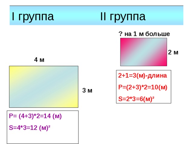 I группа II группа ? на 1 м больше 2 м 4 м 2+1=3(м)-длина Р=(2+3)*2=10(м) S=2*3=6(м)² 3 м  Р= (4+3)*2=14 (м) S=4*3=12 (м)²