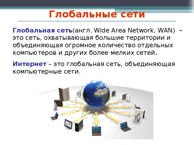 Глобальные сети Глобальная сеть (англ. Wide Area Network, WAN) – это сеть, охватывающая большие территории и объединяющая огромное количество отдельных компьютеров и других более мелких сетей . Интернет – это глобальная сеть, объединяющая компьютерные сети. 2010 г.  