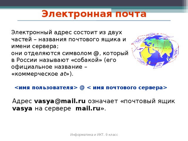 Электронная почта Электронный адрес состоит из двух частей – названия почтового ящика и имени сервера; они отделяются символом @, который в России называют «собакой» (его официальное название – «коммерческое at »).  @   Адрес vasya @ mail.ru означает «почтовый ящик vasya на сервере mail.ru ». Информатика и ИКТ. 9 класс 2010 г.  