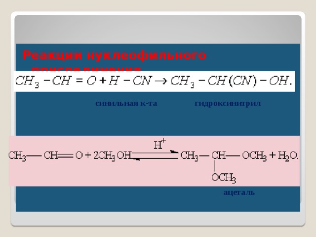 Реакции нуклеофильного присоединения   синильная к-та гидроксинитрил         ацеталь ХИМИЧЕСКИЕ СВОЙСТВА 