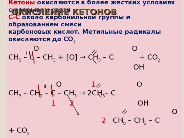 Кетоны окисляются в более жёстких условиях с разрывом связи С-С около карбонильной группы и образованием смеси карбоновых кислот. Метильные радикалы окисляются до СО 2  О   O СН 3 – С – СН 3 + [O] → CH 3 – C  + CO 2   OH  О  1 O CH 3 – CH 2 – C – CH 3  → 2CH 3 – C  1  2  OH   O    2  CH 3 – CH 2 – C  + CO 2   OH ОКИСЛЕНИЕ КЕТОНОВ 
