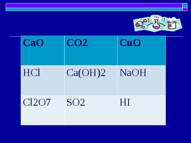 CaO CO2 HCl CuO Ca(OH)2 Cl2O7 SO2 NaOH HI 