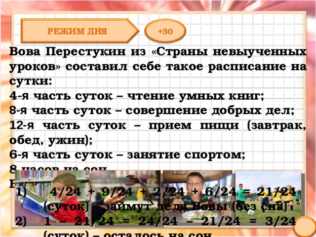 РЕЖИМ ДНЯ +30 Вова Перестукин из «Страны невыученных уроков» составил себе такое расписание на сутки: 4 - я часть суток – чтение умных книг; 8-я часть суток – совершение добрых дел; 12-я часть суток – прием пищи (завтрак, обед, ужин); 6 -я часть суток – занятие спортом; 8 часов на сон. Выполним ли его план?  4/24 + 9/24 + 2/24 + 6/24 = 21/24 (суток) – займут дела Вовы (без сна) 1 – 21/24 = 24/24 – 21/24 = 3/24 (суток) – осталось на сон 3/24 суток = 3 (часа) – не соответствует плану Вовы  4/24 + 9/24 + 2/24 + 6/24 = 21/24 (суток) – займут дела Вовы (без сна) 1 – 21/24 = 24/24 – 21/24 = 3/24 (суток) – осталось на сон 3/24 суток = 3 (часа) – не соответствует плану Вовы  4/24 + 9/24 + 2/24 + 6/24 = 21/24 (суток) – займут дела Вовы (без сна) 1 – 21/24 = 24/24 – 21/24 = 3/24 (суток) – осталось на сон 3/24 суток = 3 (часа) – не соответствует плану Вовы Ответ: план не выполним. 