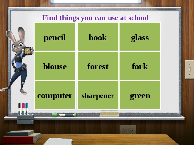 Find things you can use at school pencil book glass blouse forest fork computer sharpener green 