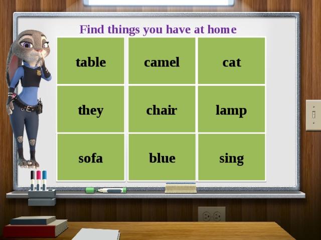 Find things you have at home table camel cat they chair lamp sofa blue sing 
