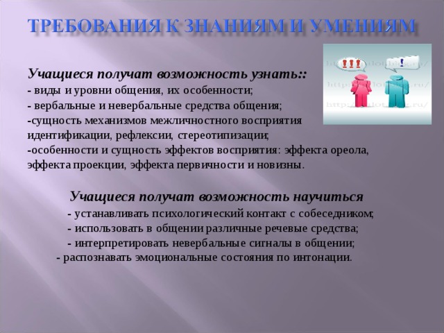 Учащиеся получат возможность узнать:: - виды и уровни общения, их особенности; - вербальные и невербальные средства общения; -сущность механизмов межличностного восприятия идентификации, рефлексии, стереотипизации; -особенности и сущность эффектов восприятия: эффекта ореола, эффекта проекции, эффекта первичности и новизны. Учащиеся получат возможность научиться   - устанавливать психологический контакт с собеседником;  - использовать в общении различные речевые средства;  - интерпретировать невербальные сигналы в общении;  - распознавать эмоциональные состояния по интонации. 