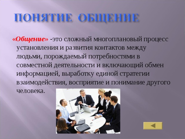  « Общение » - это сложный многоплановый процесс установления и развития контактов между людьми, порождаемый потребностями в совместной деятельности и включающий обмен информацией, выработку единой стратегии взаимодействия, восприятие и понимание другого человека. 