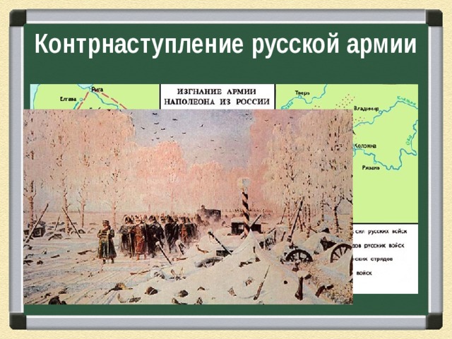 Контрнаступление русской армии 3-6 ноября – сражение у г. Красный 14-17 ноября – сражение у г. Борисов, переправа остатков армии Наполеона через р. Березина 