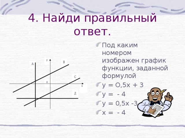 4. Найди правильный ответ. Под каким номером изображен график функции, заданной формулой у = О,5х + 3 у = - 4 у = 0,5х -3 х = - 4 у В А С 0 х Д 
