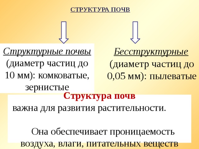  Структура почв   Структурные почвы (диаметр частиц до 10 мм): комковатые, зернистые  Бесструктурные (диаметр частиц до 0,05 мм): пылеватые Структура почв  важна для развития растительности.  Она обеспечивает проницаемость воздуха, влаги, питательных веществ 