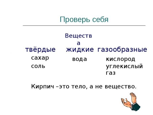 Проверь себя Вещества твёрдые жидкие газообразные сахар кислород вода соль углекислый газ Кирпич –это тело, а не вещество. 