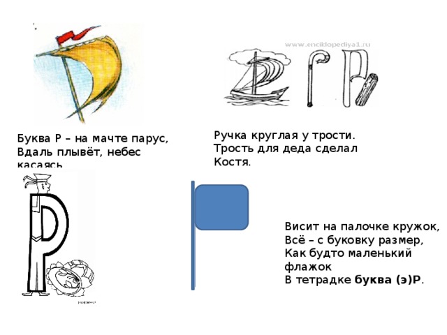 Ручка круглая у трости.  Трость для деда сделал Костя. Буква Р – на мачте парус,  Вдаль плывёт, небес касаясь. Висит на палочке кружок,  Всё – с буковку размер,  Как будто маленький флажок  В тетрадке  буква (э)Р . 