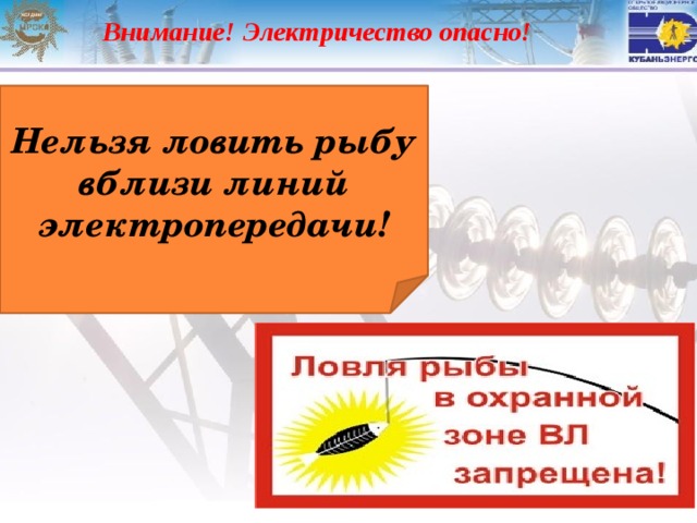 Внимание! Электричество опасно! Нельзя ловить рыбу вблизи линий электропередачи! 