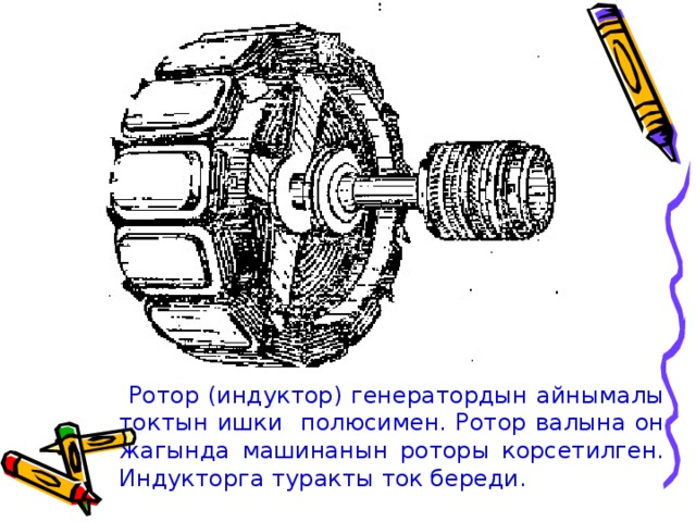 Ротор (индуктор) генератордын айнымалы токтын ишки полюсимен. Ротор валына он жагында машинанын роторы корсетилген. Индукторга туракты ток береди.