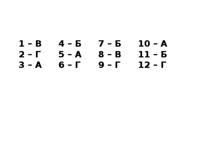 1 – В   4 – Б   7 – Б   10 – А  2 – Г   5 – А   8 – В   11 – Б  3 – А   6 – Г   9 – Г   12 – Г  