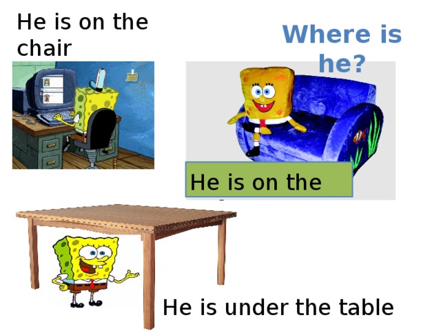 He is on the chair Where is he? He is on the sofa He is under the table 