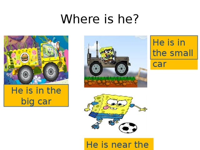Where is he? He is in the small car He is in the big car Не is near the ball 