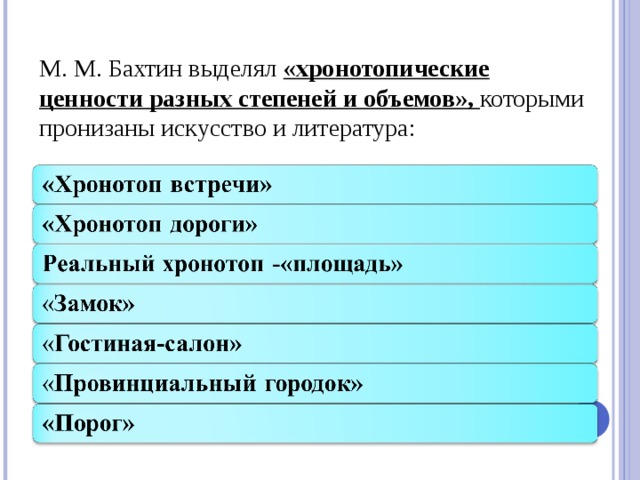 М. М. Бахтин выделял «хронотопические ценности разных степеней и объемов», которыми пронизаны искусство и литература: