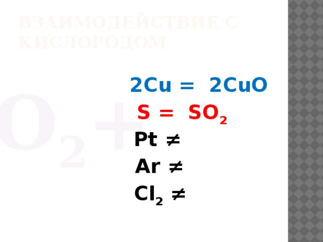 Взаимодействие с кислородом 2Cu = 2CuO О 2 + S = SO 2 Pt ≠ Ar ≠ Cl 2 ≠ 