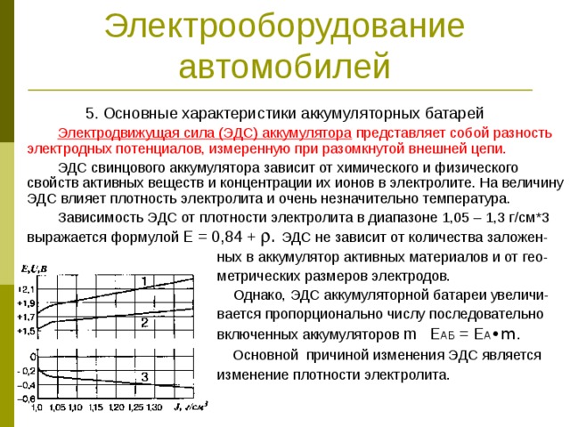 Электрооборудование автомобилей 5. Основные характеристики аккумуляторных батарей  Электродвижущая сила (ЭДС) аккумулятора представляет собой разность электродных потенциалов, измеренную при разомкнутой внешней цепи.  ЭДС свинцового аккумулятора зависит от химического и физического свойств активных веществ и концентрации их ионов в электролите. На величину ЭДС влияет плотность электролита и очень незначительно температура.  Зависимость ЭДС от плотности электролита в диапазоне 1,05 – 1,3 г/см *3 выражается формулой Е = 0,84 +  . ЭДС не зависит от количества заложен-  ных в аккумулятор активных материалов и от гео-  метрических размеров электродов.  Однако, ЭДС аккумуляторной батареи увеличи-  вается пропорционально числу последовательно  включенных аккумуляторов m Е АБ = Е А •m .  Основной причиной изменения ЭДС является  изменение плотности электролита. 