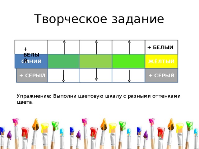 Творческое задание + БЕЛЫЙ + БЕЛЫЙ ЖЁЛТЫЙ СИНИЙ + СЕРЫЙ + СЕРЫЙ Упражнение: Выполни цветовую шкалу с разными оттенками цвета. 