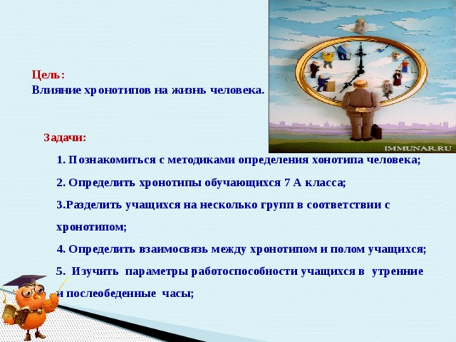 Цель:  Влияние хронотипов на жизнь человека.     Задачи:  1. Познакомиться с методиками определения хонотипа человека;  2. Определить хронотипы обучающихся 7 А класса;  3.Разделить учащихся на несколько групп в соответствии с хронотипом;  4. Определить взаимосвязь между хронотипом и полом учащихся;  5. Изучить параметры работоспособности учащихся в утренние и послеобеденные часы; 