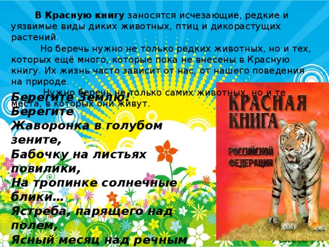  В Красную книгу заносятся исчезающие, редкие и уязвимые виды диких животных, птиц и дикорастущих растений.  Но беречь нужно не только редких животных, но и тех, которых ещё много, которые пока не внесены в Красную книгу. Их жизнь часто зависит от нас, от нашего поведения на природе.  Нужно беречь не только самих животных, но и те места, в которых они живут. Берегите Землю! Берегите  Жаворонка в голубом зените,  Бабочку на листьях повилики,  На тропинке солнечные блики…  Ястреба, парящего над полем,  Ясный месяц над речным покоем,  Ласточку, мелькающую в жите.  Берегите Землю! Берегите! 