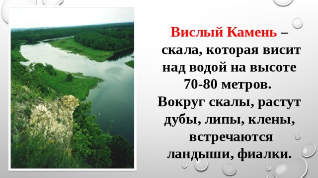 Вислый Камень –  скала, которая висит над водой на высоте 70-80 метров. Вокруг скалы, растут дубы, липы, клены,  встречаются ландыши, фиалки. 