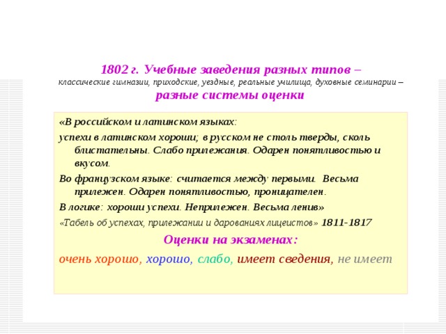 М.В. Ломоносов   «Проект регламента академических гимназий» 1758 год  «Что кто исполнил или пропустил и прочее, назначивать в клетках против каждого дня и имени первыми буквами слов знаменующих: В. И. — все исполнил, Н. У.— не знал уроку, Н. Ч. У.— не знал части уроку, 3. У. Н. Т.— знал урок нетвердо, Н. 3.— не подал задачи, X. 3.— худа задача, Б. — болен, X.— не был в школе , В. И. С.— все исполнил с избытком, Ш. — шабаш». 