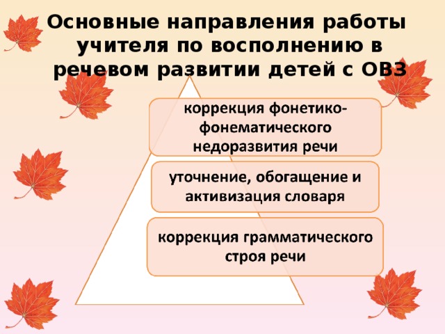 Основные направления работы  учителя по восполнению в речевом развитии детей с ОВЗ 