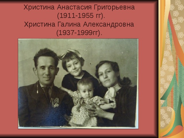 Христина Анастасия Григорьевна  (1911-1955 гг).  Христина Галина Александровна  (1937-1999гг). 