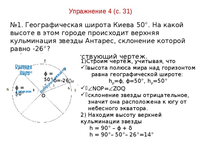 Высота звезды альтаир в верхней кульминации 12 склонение 9 какова географическая широта чертеж