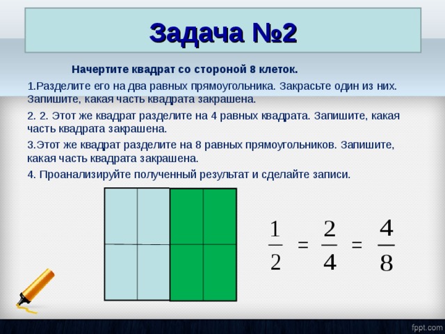 Задача №2  Начертите квадрат со стороной 8 клеток. Разделите его на два равных прямоугольника. Закрасьте один из них. Запишите, какая часть квадрата закрашена.  2. Этот же квадрат разделите на 4 равных квадрата. Запишите, какая часть квадрата закрашена. Этот же квадрат разделите на 8 равных прямоугольников. Запишите, какая часть квадрата закрашена.  Проанализируйте полученный результат и сделайте записи.   = =