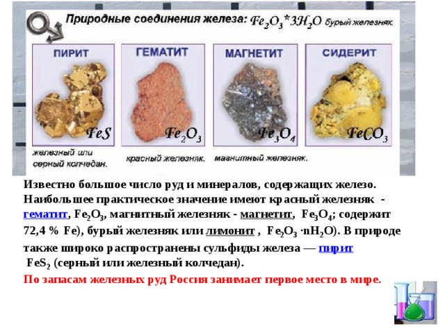 Известно большое число руд и минералов, содержащих железо. Наибольшее практическое значение имеют красный железняк - гематит , Fe 2 O 3 , магнитный железняк - магнетит , Fe 3 O 4 ; содержит 72,4 % Fe), бурый железняк или  лимонит  , Fe 2 O 3 ·nH 2 O). В природе также широко распространены сульфиды железа —  пирит  FeS 2  (серный или железный колчедан). По запасам железных руд Россия занимает первое место в мире. 
