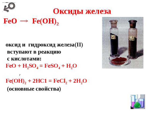  Оксиды железа FeO  Fe(OH) 2  оксид и гидроксид железа(II)  вступают в реакцию  с кислотами: FeO + H 2 SO 4  = FeSO 4  + H 2 O  Fe(OH) 2  + 2HC1 = FeCl 2  + 2H 2 O  (основные свойства) 